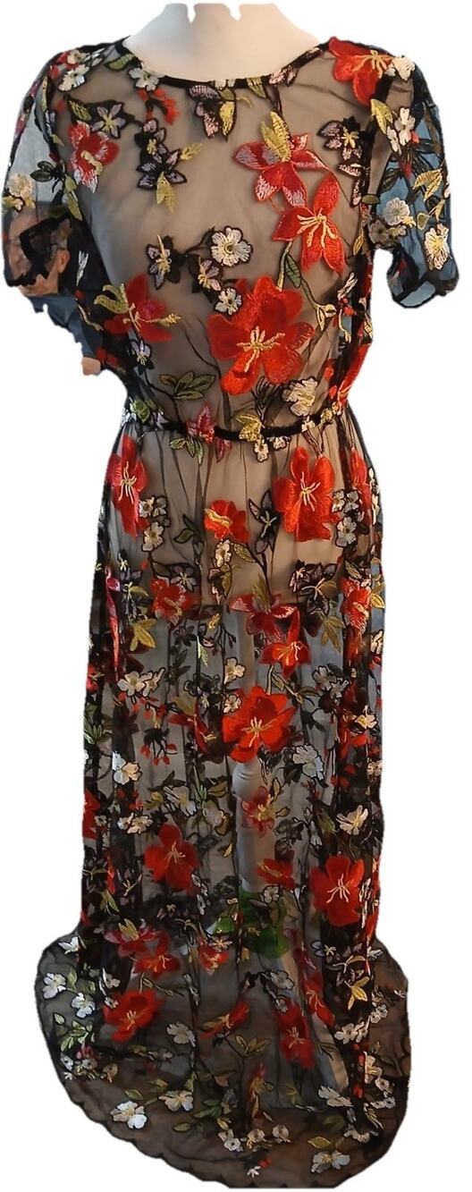 LuLaRoe Embroidered Floral Mesh Maxi Dress Sheer Overlay Black XS